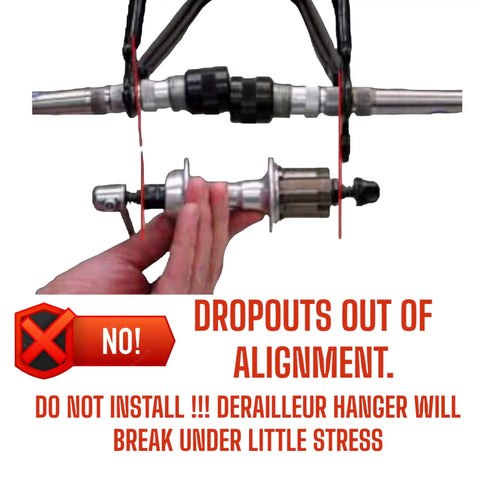 Misaligned dropouts warning for Derailleur Hanger 6 For Remedy Bicycles Aluminum Alloy MTB Replacement Includes M8 Chainring Bolt Mounting Hardware Lightweight Durable Upgrade With Precise Rear Dropout Alignment Check