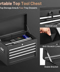 Open portable top tool chest with four tray drawers, secure central lock, anti-scratch liner, stable brackets visible.