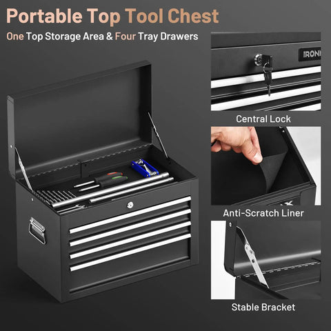 Open portable top tool chest with four tray drawers, secure central lock, anti-scratch liner, stable brackets visible.