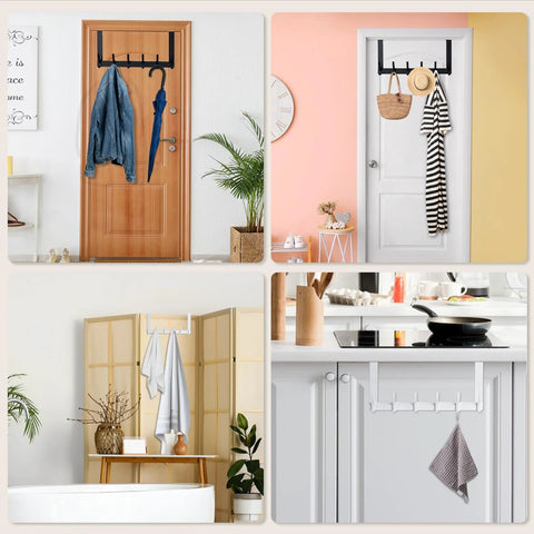 Over The Door Hooks 12 Pack Sturdy Door Hanger For Bathroom Bedroom And Kitchen Space Saving Towel Rack Coat Hooks Fits Doors One And Three Quarters Inches Thick Durable Powder Coated Finish Easy To Install shown in various rooms.