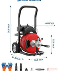 Heavy Duty 370W Drain Auger Featuring 100 Ft Bend Resistant Steel Core Cable With Foot Switch, dimensions and tools displayed.