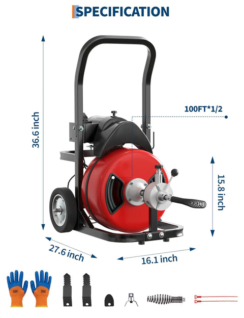 Heavy Duty 370W Drain Auger Featuring 100 Ft Bend Resistant Steel Core Cable With Foot Switch, dimensions and tools displayed.