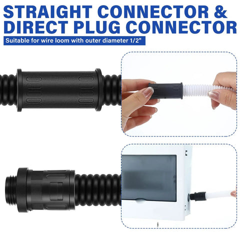 8 Piece One Half Inch Wire Loom Connector Set for Auto and Home Harnesses shown with straight connector in use