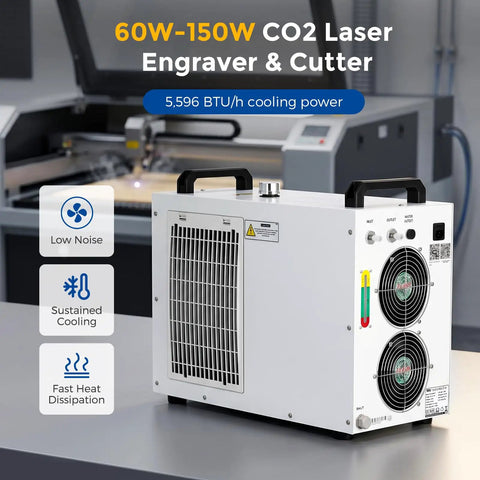 No Drama 6L Heavy Duty Water Chiller For CO2 Laser Cutters And Engraving Machines, 5596 BTU cooling power, low noise operation.