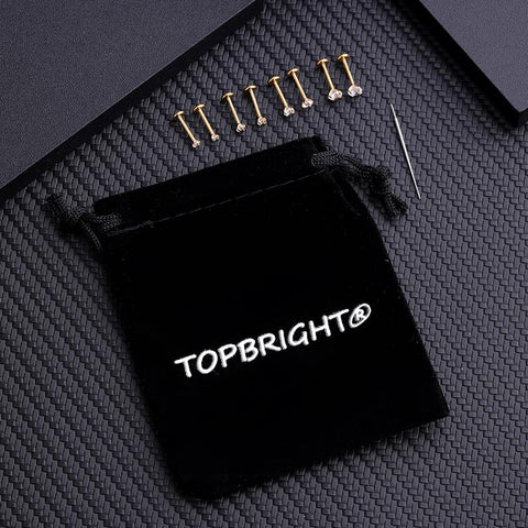 Threadless Flat Back Earrings Set For Tragus Cartilage Nose Lip Medusa Piercings, 18G 316L Surgical Steel Hypoallergenic Gold Tone Labret Posts With 2 To 2.5 To 3 To 4mm CZ Ends, 4 Pairs, 8 Pieces, Insertion Pin, Velvet Bag displayed with velvet bag and insertion pin