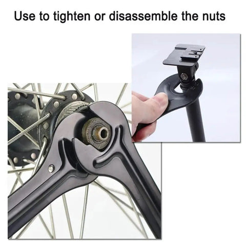 Ultra Slim Bicycle Cone Wrench Set For Tight Hub Access in use on wheel axle nut, demonstrating precise cone adjustments.