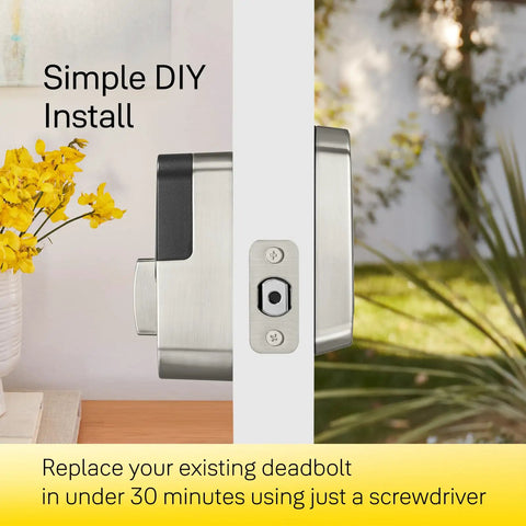Assure Lock 2 Deadbolt Keyless Door Lock With Satin Nickel Finish, side view showing simple DIY installation on door.