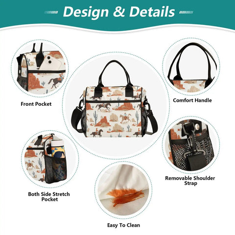Design features of Desert Cowboy Insulated Lunch Bag With Adjustable Shoulder Strap Reusable Cooler Tote For Work Office Picnics Camping And Travel Two Size Options 9L And 12L including pockets and handles