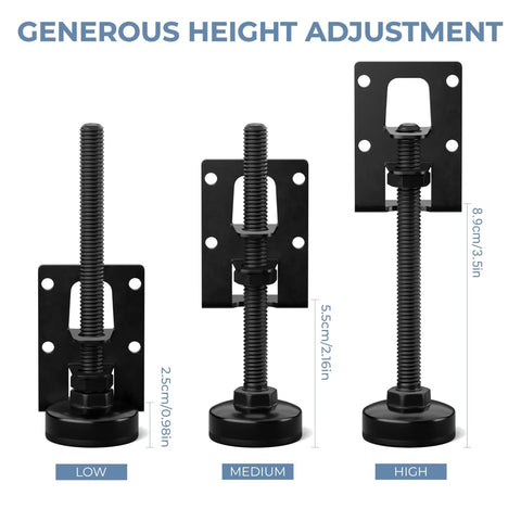 Built Tough L Shaped Furniture Leveling Feet With Adjustable Height Up To 3.5 Inches, 4 Pack Screw On Levelers, height adjustment levels.