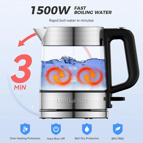 Electric Glass Kettle 1L, Fast 1500W Boil, Cordless Tea Kettle With LED Indicator, BPA Free, Auto Shut Off And Boil Dry Protection