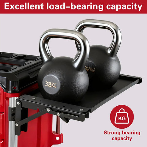 Foldable Magnetic Table Workbench For Repairs And Assembly, Heavy Duty Mobile Work Station With Packout System, 200lb Capacity showcasing load-bearing capacity with kettlebells.