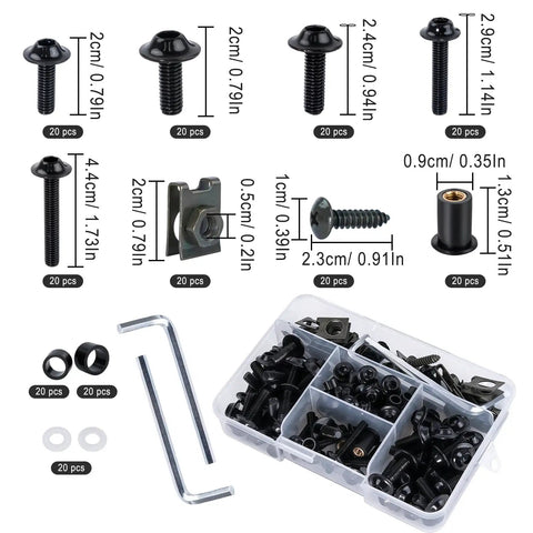 177Pcs Motorcycle Fairing Bolt Kit With M5 M6 Stainless Screws And Washers, speed nuts, well nuts, in plastic storage box.