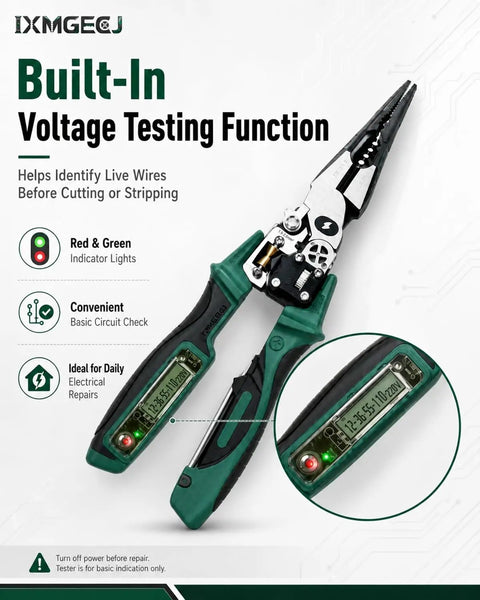 4 In 1 Wire Stripping And Testing Pliers With Built In Voltage Tester For Cutting, Crimping, And Pulling Wires, Handy On The Job Electrician Tool Pliers That Are Compact, Durable, And Easy To Store, Green with voltage display