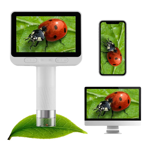 Awesome Kids Handheld Microscope For Learning And Discovery, Portable Miniscope With 4 Inch IPS Display And 1080P Imaging, 100X-1600X Magnification, Kid-Friendly Pocket Microscope For Boys And Girls, Educational Science Kit, Hands-On Exploration showing ladybug on leaf