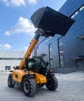 Powerful Industrial Telehandler Forklift Featuring Auto Leveling Boom And All Terrain Capability lifting a large bucket outdoors.