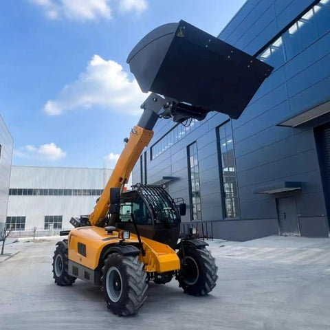 Powerful Industrial Telehandler Forklift Featuring Auto Leveling Boom And All Terrain Capability lifting a large bucket outdoors.