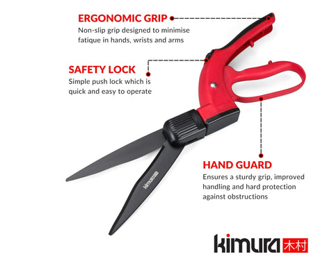 Pro Grass Shears With 360 Degree Rotating Head and Japanese SK5 Steel Blades, featuring ergonomic grip and safety lock.