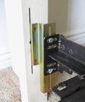 Four Pack Offset Conversion Brackets For Bolt On Metal Bed Frames That Switch To Hook On Headboards In No Time, close-up of steel bracket installation.