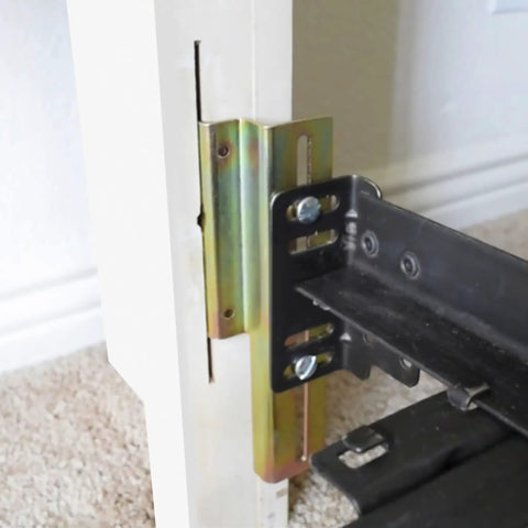 Four Pack Offset Conversion Brackets For Bolt On Metal Bed Frames That Switch To Hook On Headboards In No Time, close-up of steel bracket installation.