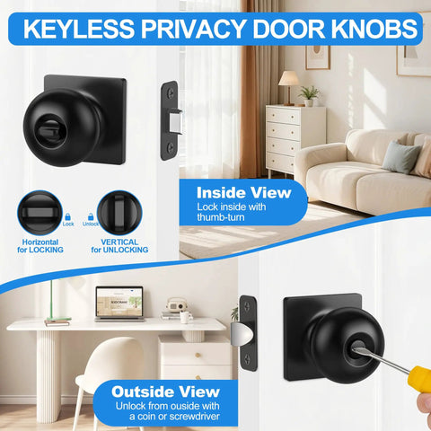 10 Pack Matte Black Privacy Door Knobs With Keyless Interior Locks For Bedrooms And Bathrooms ANSI Grade 3 Certified Square Modern Locking Doorknobs With Round Lock Built Tough Heavy Duty Durable Stainless Steel Construction, shown in indoor setting with locking mechanism details.