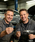 Two men in a garage holding lightweight aluminum blind rivets kit with steel mandrel for auto marine and DIY projects, drill in hand.