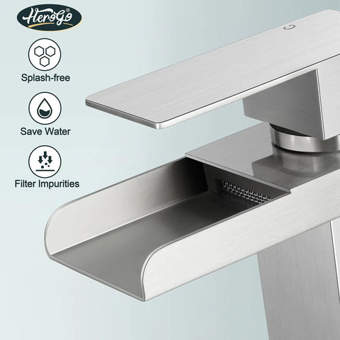 Waterfall Style Brushed Nickel Bathroom Faucet For Sink With One Or Three Hole Setup, Easy Install Pop Up Drain close-up