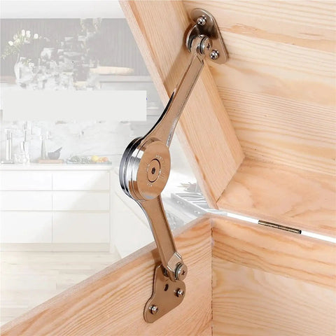 Soft Close Lid Stay Hinge With Buffer Damper For Cabinets And Wardrobes, metal hinge on wooden cabinet