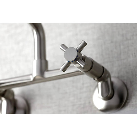 Close-up of No-Drip Two-Handle Wall Mount Kitchen Faucet in Brushed Nickel, Solid Brass, showing handle and spout detail