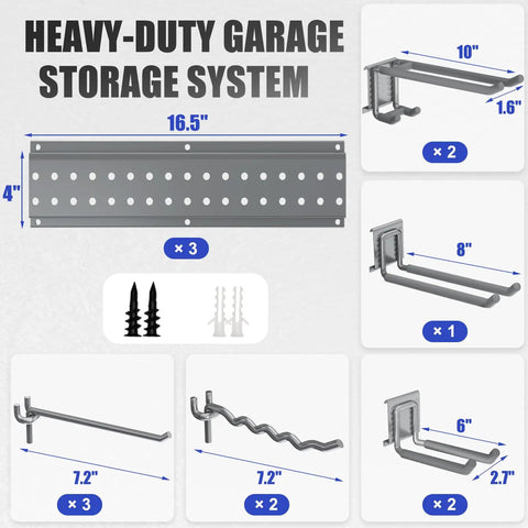 Heavy Duty 48 Inch Garage Tool Organizer Wall Mount With 10 Adjustable Hooks Holds Up To 400 Lbs for Garage Shed Garden Yard Organization Storage Rack Grey Sturdy As Nails, showing dimensions and hook details.