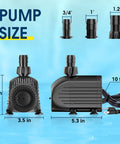Submersible Water Pump 880GPH 60W Ultra Quiet Fountain Pump With Dry Burn Protection 9Ft Lift dimensions and fittings.