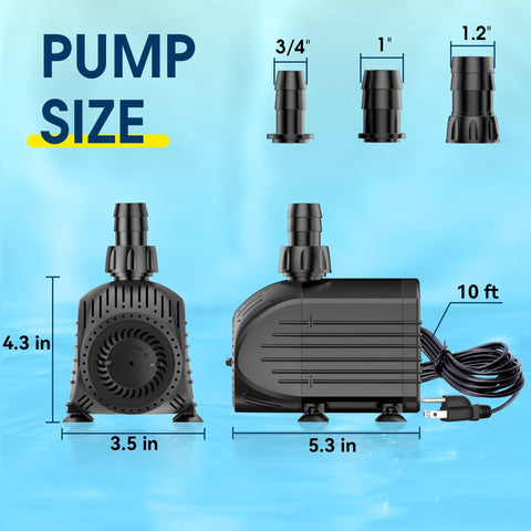 Submersible Water Pump 880GPH 60W Ultra Quiet Fountain Pump With Dry Burn Protection 9Ft Lift dimensions and fittings.