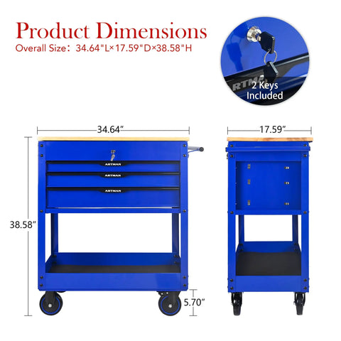 Front and side view of Rolling Tool Cart With Wheels 3 Drawers And A Wooden Top Heavy Duty Mechanics Cabinet, keys shown.