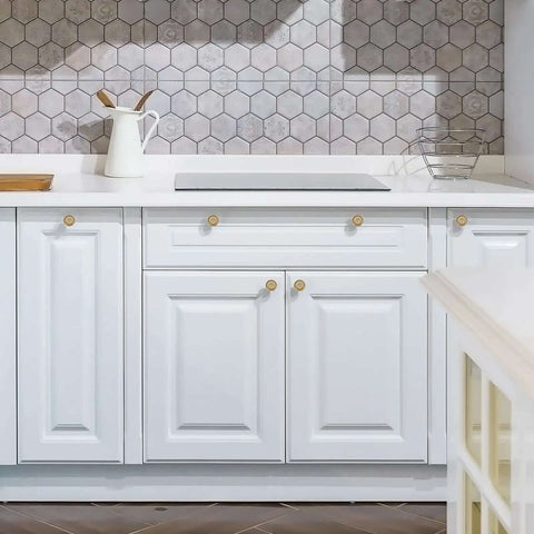 Kitchen with white cabinets featuring Vintage Rosette Sunburst Cabinet Knobs In Champagne Bronze Finish, 30 Pack, One And A Quarter Inch Diameter, Solid Zinc Alloy Kitchen Cabinet Pulls, Drawer Knob Set For Cabinets, Vanities And Dressers.