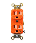 Heavy Duty Duplex Receptacle With Isolated Ground NEMA 5-15R 15 Amp 125 Volt Orange Ten Pack front view showing dual outlets and wired terminals.