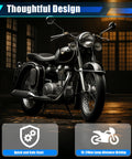 Vintage-style motorcycle in dimly lit garage with "Thoughtful Design" banner and icons for quick start and long-distance driving. Not the Beefed Up High Performance 49cc 50cc 2 Stroke Dirt Bike Engine Kit With 7000 RPM Single Cylinder Pull Rope Start Motor For Dirt Bikes Pocket Bikes ATVs And Scooters.
