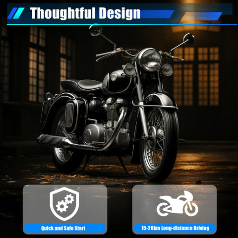 Vintage-style motorcycle in dimly lit garage with "Thoughtful Design" banner and icons for quick start and long-distance driving. Not the Beefed Up High Performance 49cc 50cc 2 Stroke Dirt Bike Engine Kit With 7000 RPM Single Cylinder Pull Rope Start Motor For Dirt Bikes Pocket Bikes ATVs And Scooters.