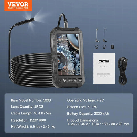 Pro Grade Endoscope Camera With Light Featuring Triple Lens For Clear Real World Inspection, 5 Inch Screen 1080P, 8 Plus 2 LED Lights With Adjustable Brightness, IP67 Waterproof Snake Camera For Automotive And Plumbing, 16.4 Foot Cable And 32GB Card. handheld 5-inch IPS screen, 16.4 ft cable, and accessories