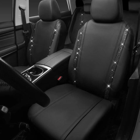 PU Leather Bling Diamond Car Seat Covers Full Set Waterproof Durable With Rear Zipper Universal Fit For Women Girly Black Interior