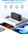 Ride Or Die Portable Charger With 32000Mah Capacity And Built In Cables Featuring Usb C Fast Charging For Phones Tablets All Day Juice Hardcore Build Quality shown with LED display and phones.