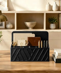 Six Slot Desk Mail Organizer Countertop Caddy for pens, glasses, and stationery, black design with two A4 compartments