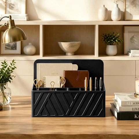 Six Slot Desk Mail Organizer Countertop Caddy for pens, glasses, and stationery, black design with two A4 compartments