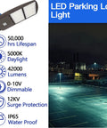 Ridiculously Bright 300W LED Parking Lot Light 42,000 Lumens At 5000K Slip Fitter Mount displayed with features infographic