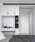 Modern bedroom with Matte Black Dresser Drawer Pulls 5 Pack Square Bar Cabinet Handles on white wardrobe and desk.