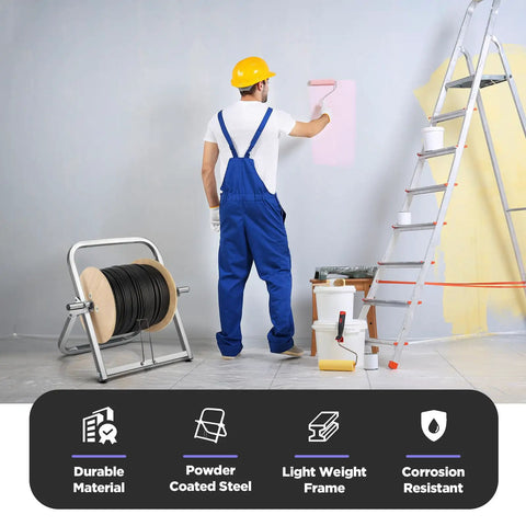 Worker painting near heavy duty steel cable caddy and wire spool rack dispenser for reels up to 100 lb portable sixteen inch high