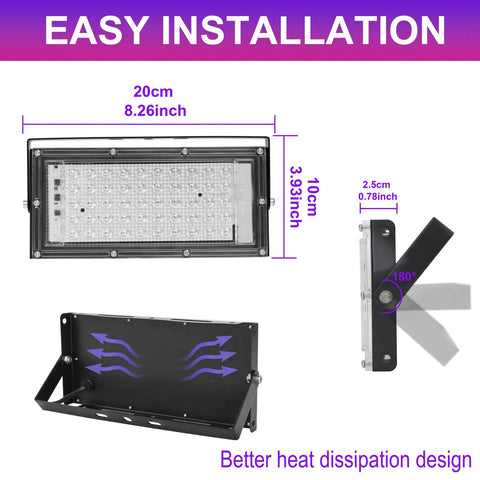 Diagram showing dimensions and design of 30W LED Black Light Flood Lights for Glow Parties IP65 Waterproof UV 395nm Purple Glow Spotlight