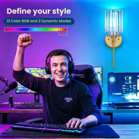 Two Pack Crystal Rechargeable Wireless Wall Sconces Featuring Brushed Gold Finish With Adjustable Dimming Remote And Multi Hue Settings built next to a gamer at a desktop.
