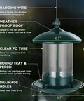 Diagram of Weatherproof Metal Bird Feeder Outdoors With 360 Degree Feeding Tray Squirrel Resistant Design And Hanging Capability Green Holds 2 Lb Seeds Built Tough To Handle The Elements, showing dimensions and features.