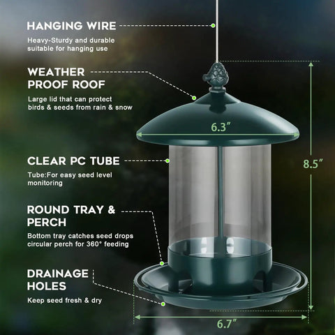 Diagram of Weatherproof Metal Bird Feeder Outdoors With 360 Degree Feeding Tray Squirrel Resistant Design And Hanging Capability Green Holds 2 Lb Seeds Built Tough To Handle The Elements, showing dimensions and features.