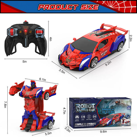 Transforming RC Cars For Kids Ages 3 To 12 That Turn Into Robots, 2.4Ghz Remote displaying product dimensions.
