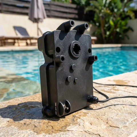 GVA 24 Pool Valve Actuator Replacement With 15 Foot Cable by pool, compatible with Hayward Aqua Logic and major automation systems